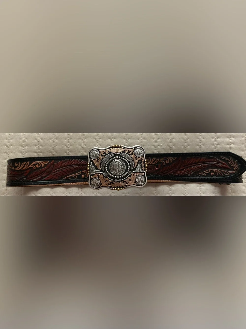 Justin Tooled Brown Leather Belt Men’s 32 Brown Indian Head Belt Buckle